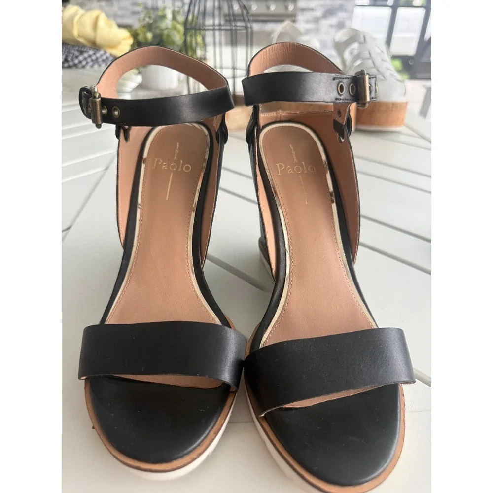Linea Paolo Ella Womens Black Leather Wedge Sandals Ankle Strap Shoes